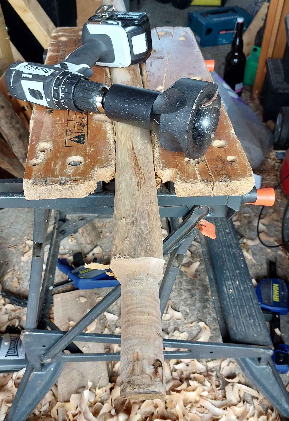 Tenon cutter and pole-lathe leg in a workbench
